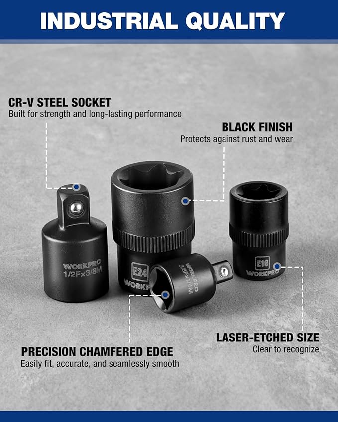 WORKPRO 17 PCS E-Torx Socket Set, Premium CR-V Female Star Sockets E4?밇24, 1/4", 3/8", 1/2" Drive, Precision Inverted Torx Socket with Storage Case for Auto, Engine, and Mechanical Repair