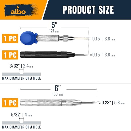 ALBO Automatic Center Punch Set ??3 Heavy Duty Spring Loaded Punch Tools for Metal, Wood, Steel ??Precision Tips, Galvanized & Blackened Options, Storage Box ??Ideal for DIY, Workshop & Professionals