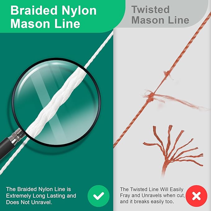 2 Pack Mason String Line Reel for Construction, Twisted 540 FT #18 Braided Nylon String with 10 Mason Line Level, High Visibility Braided Nylon Twine for Masonry Tools, Gardening, DIY(White)