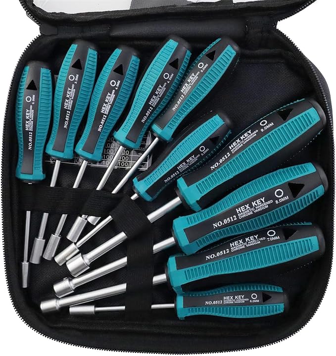 Hex Nut Driver Set, Socket Wrench Screwdriver Cr-V Steel Hexagon Nut Driver, 10 Sizes 3mm, 3.5mm, 4mm, 4.5mm, 5mm, 5.5mm, 6mm, 7mm, 8mm, and 9mm for Repairs