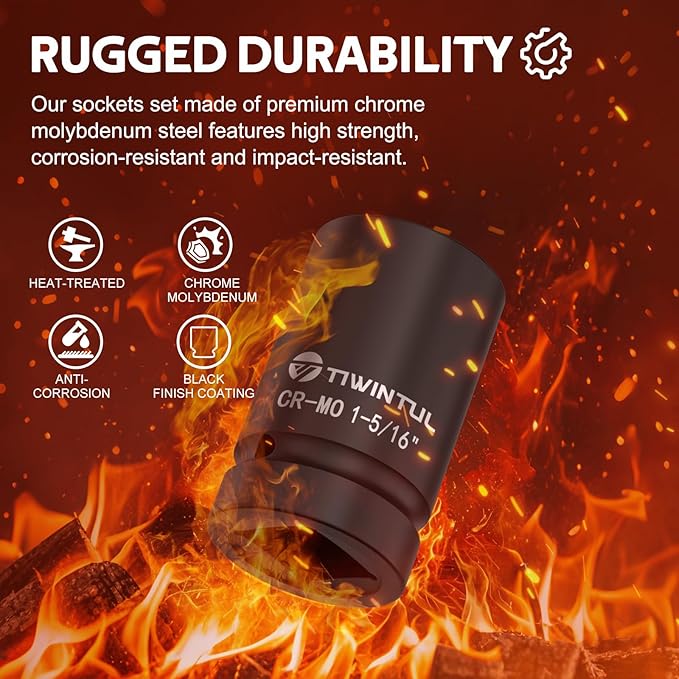 1-5/16" Impact Socket 1" Drive, 6 Point Design, CR-MO Axle Nut Socket, ANSI Certified, Heavy Duty Socket 1 Inch Drive for Truck, Trailer, Industrial & Fleet Maintenance