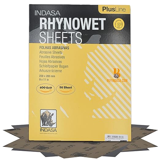 Indasa 50 PCS 9x11??Wet & Dry Sandpaper Sheets, 600 GRIT, Clog-Resistant Abrasive for Wood, Metal, Auto, Paint & Clear Coat Finishing, Sand Paper Silicon Carbide, Plusline