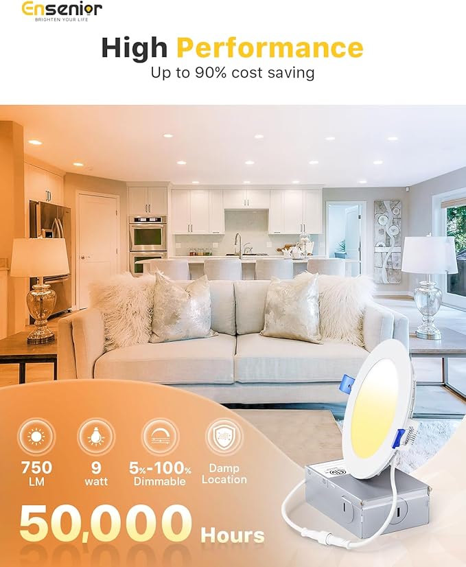 Ensenior 12 Pack 4 Inch LED Recessed Ceiling Light, Dimmable, 6000K Clear White, 750LM 9W 120V, High Brightness Canless Wafer Downlight - ETL&FCC&IC