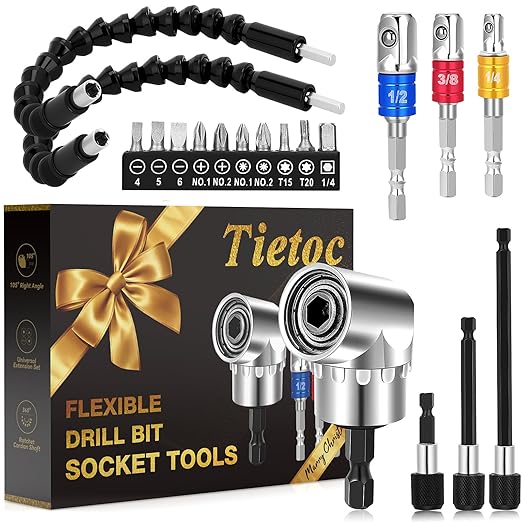 Tietoc 19pcs Flexible-Drill-Bit-Extension Set, Stocking Stuffers Gifts for Men Screwdriver Bit Kit, Present Ideas Gifts for Dad Adults Mens Gifts Christmas, Hex Shank 105째Right-Angle-Drill-Attachmen