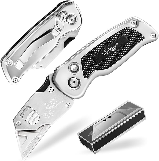 Vickay Box Cutter, Utility Knife with Clip, Stainless Steel Body Handle, Quick-change Blade and Safety Axis Lock, Razor Knife, Cardboard Cutter with Extra 5PC SK5 Blades (Black)