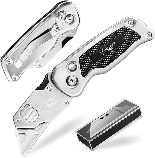 Vickay Box Cutter, Utility Knife with Clip, Stainless Steel Body Handle, Quick-change Blade and Safety Axis Lock, Razor Knife, Cardboard Cutter with Extra 5PC SK5 Blades (Black)