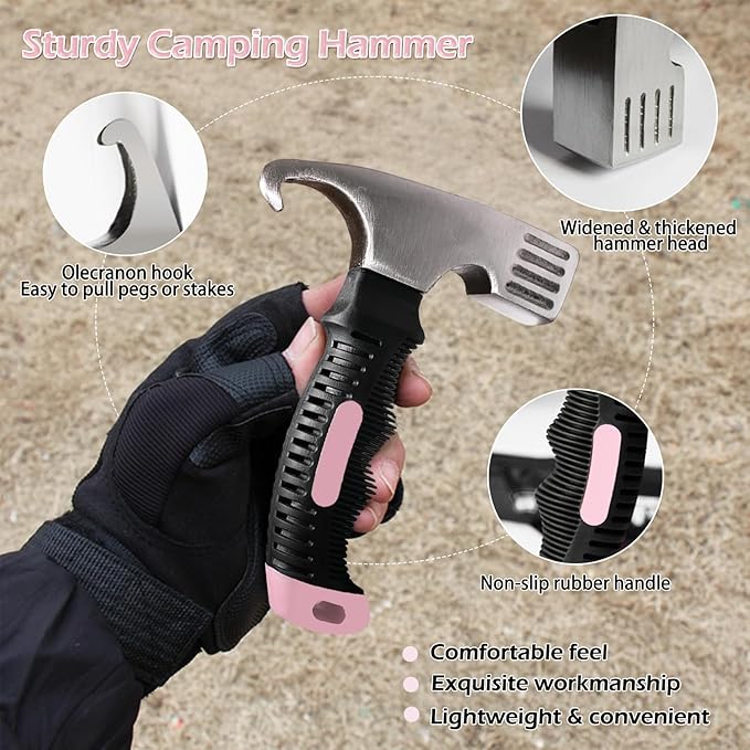8 Pcs Tent Stakes and Camping Hammer – Heavy Duty Metal Lightweight Backpacking Tent Spikes with Small Hammer Kit for Women - Camp Mallet with Puller and Tent Pegs Bag for Tarp Canopy, Pink