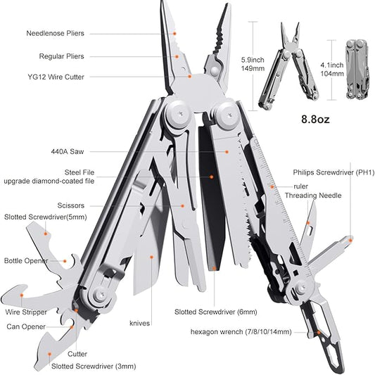 Multitool Stainless Steel Multi-Tool Pliers 22-in-1 with Safety Locking, Pocket Knife, Bottle Opener, EDC Equipment With Pocket Clip for Survival, Camping, Hunting and Hiking.