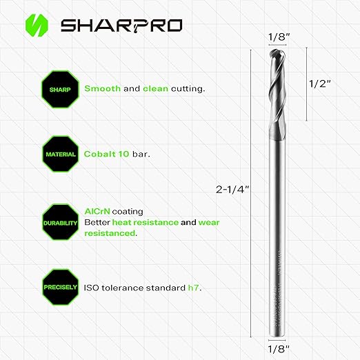 Carbide Ball Nose End Mills 2 Flute 1/8 Inch SHK. and Cutting Dia. 3D Carving, High-Speed and Deep Cutting, AlCrN Coated, Apply for Alloy Steel, Stainless Steel and Various Cast Iron. (3PCS)