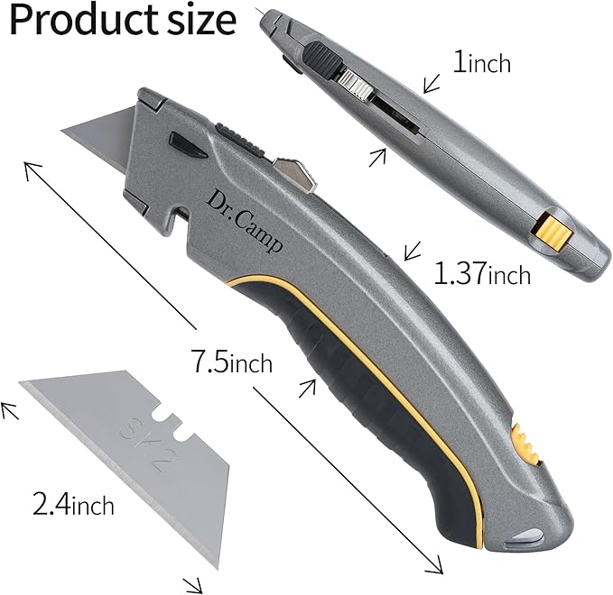 Utility Knife Retractable Box Cutter Zinc Alloy Razor Knife with 3 Blades Safety Carton Cutter for Boxes Carpet Leather Cortador de Cajas
