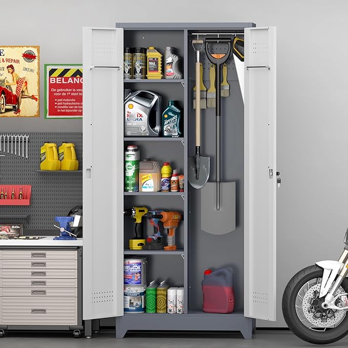 GREATMEET 72'' Metal Utility Storage Cabinet with Pegboard & Tool Hanging Bars, Double Door Cleaning Supply Organizer with Adjustable Shelves, Tall Garage Janitor Storage Cabinet, Gray White