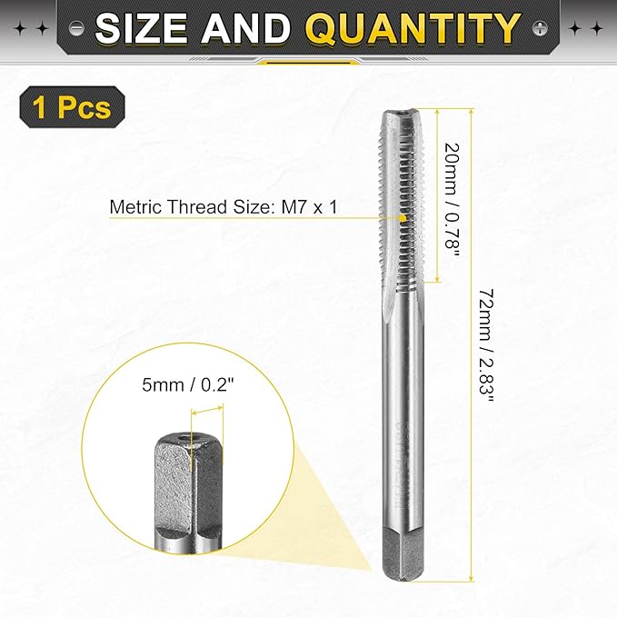 uxcell Hand Plug Tap M7 x 1 H2 Metric Thread Plug Style Taps Straight Flute Screw Tapping Threading Tool 9CrSi Alloy Tool Steel