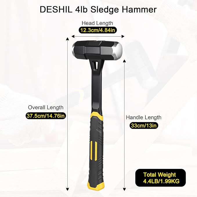 4lb Sledge Hammer - Heavy Duty Drilling Hammer with Forged One Piece Steel Head & Fiberglass Handle, Perfect for Demolition, Construction, and Blacksmithing