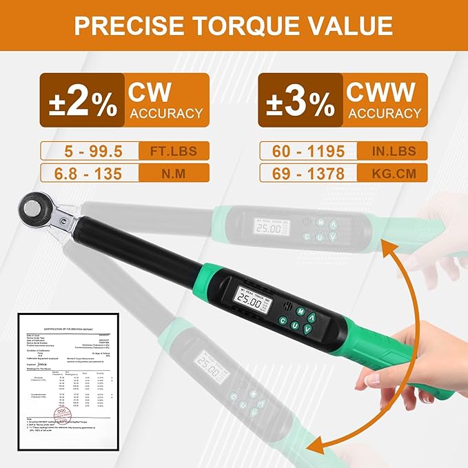 Marsram Adjustable Digital Torque Wrench 5-99.6ft.lbs/6.8-135N.m, Interchangeable Electronic Torque Wrench With 5-35mm Jaw And 3/8" Drive Ratchet Head With Buzzer And LED, For HVAC Car Moto Repair