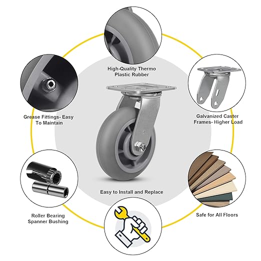6"x 2" Heavy Duty Caster, Thermoplastic Rubber Wheels(Crown Tread)- 500 Lbs Per Casters, Plate Caster for Furniture Platform Trucks Workbench (1 Pack Brake)