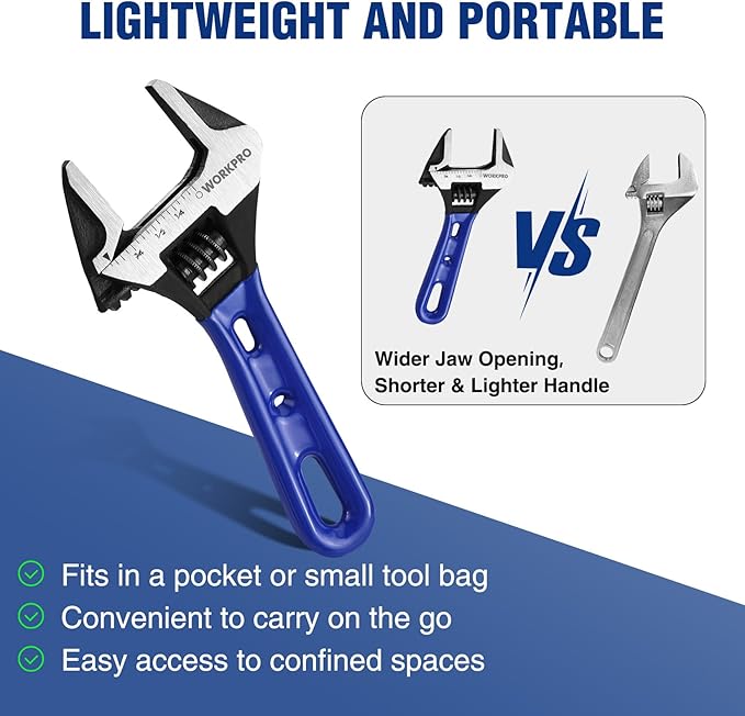 WORKPRO 4-Inch Stubby Adjustable Wrench, 0.94-Inch Extra Wide Jaw Opening Wrench, Metric/SAE Scales, Cr-V Steel, Ideal for Work in Confined Spaces