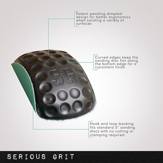 Serious Grit - Lunar Block 5-Inch Hand Sanding Pad - Fits 5" Hook & Loop Sandpaper Discs - Patented Ergonomic Design for Woodworking, Furniture Refinishing, Automotive, Home, Arts & Crafts