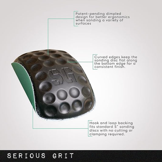 Serious Grit - Lunar Block 5-Inch Hand Sanding Pad - Fits 5" Hook & Loop Sandpaper Discs - Patented Ergonomic Design for Woodworking, Furniture Refinishing, Automotive, Home, Arts & Crafts