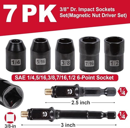 3/8" Drive Impact Nut Driver Set,Magnetic SAE (1/4'' 5/16'' 3/8'' 7/16'' 1/2'') 6 Point,S2 Alloy Steel Strong Hex Socket Drive Adapter Nut Driver