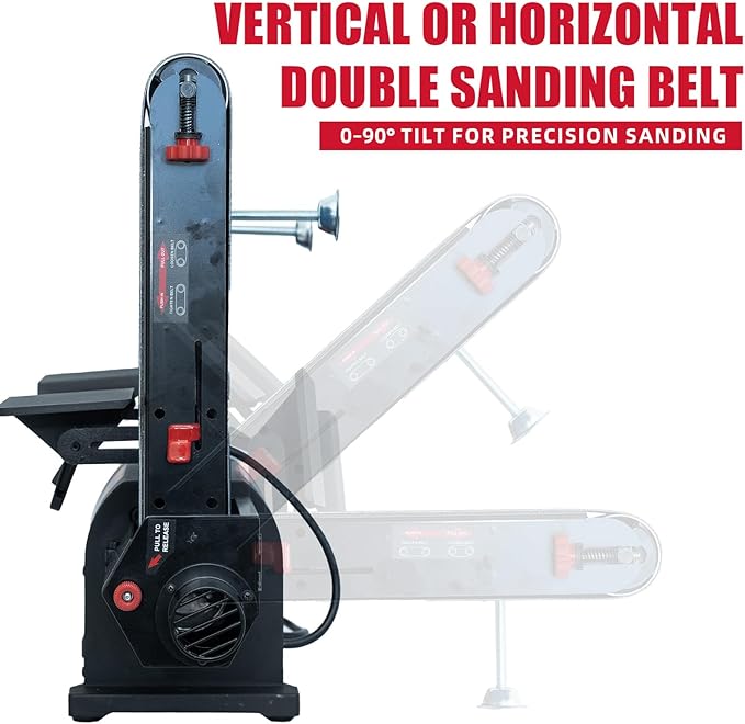 BUCKTOOL 1HP Benchtop Dual-Belt Sander, 4 x 36 in Sanding Belts with 80 & 120 Grits, 2160 FPM, 2-in-1 Worktables, Cast Aluminum Base, Knife Sharpening, Woodworking Bench Tool
