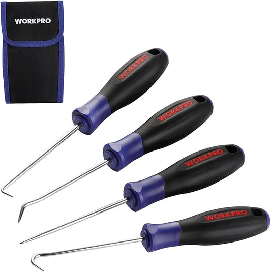 WORKPRO 4-Piece Precision Pick and Hook Set with Pouch, Angled Pick, Straight Pick, 90-degree Pick, Full Hook, Mini Pick Set Mechanic, Remove Small Fuses, Wire Plugs and "O" Rings, Gunsmith Tools