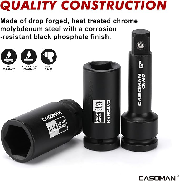 CASOMAN 3/4-Inch Drive Jumbo Master Impact Socket Set, 21PCS SAE Deep Socket Assortment (7/8" to 2"), Include Extension Bar and Ratchet Handle, CR-MO