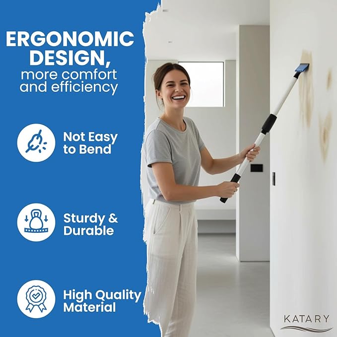 KATARY Long Handle Floor Scraper and Wall Tile Scraper Tool with Razor Blade with Tool Bag and 3-Piece Cleaning Brush Set - Grout, Concrete and Glue Remover Kit