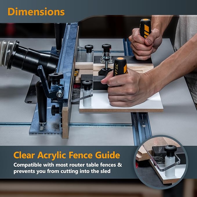 POWERTEC 72032 Deluxe Router Table Fence System 3-3/8" Tall 24" Long and Rail Coping Sled for Router Tables, Professional Precise Cutting Rail for Cabinet Door Joints, Drawers and Woodworking