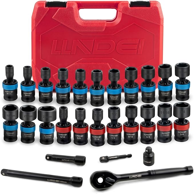 LLNDEI 27Pcs 3/8" Drive Swivel Impact Socket Set, CR-MO Swivel Socket Set Metric(8-22mm)& SAE(5/16-3/4),6 Point Wobble Socket Set with Ratchet Wrench, Extension Bar and Adapters.