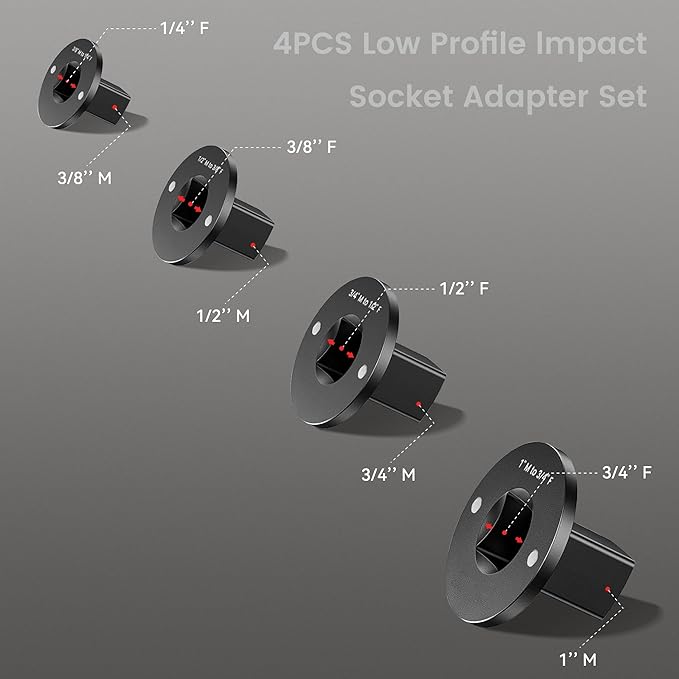 4PCS Thin Wall Impact Adapter Set ??Made of Cr-Mo steel, includes 3/4"-1", 1/2"-3/4", 1/2"-3/8", 1/4"-3/8". Magnetic compact design, ideal for tight spaces and ratchet drives.
