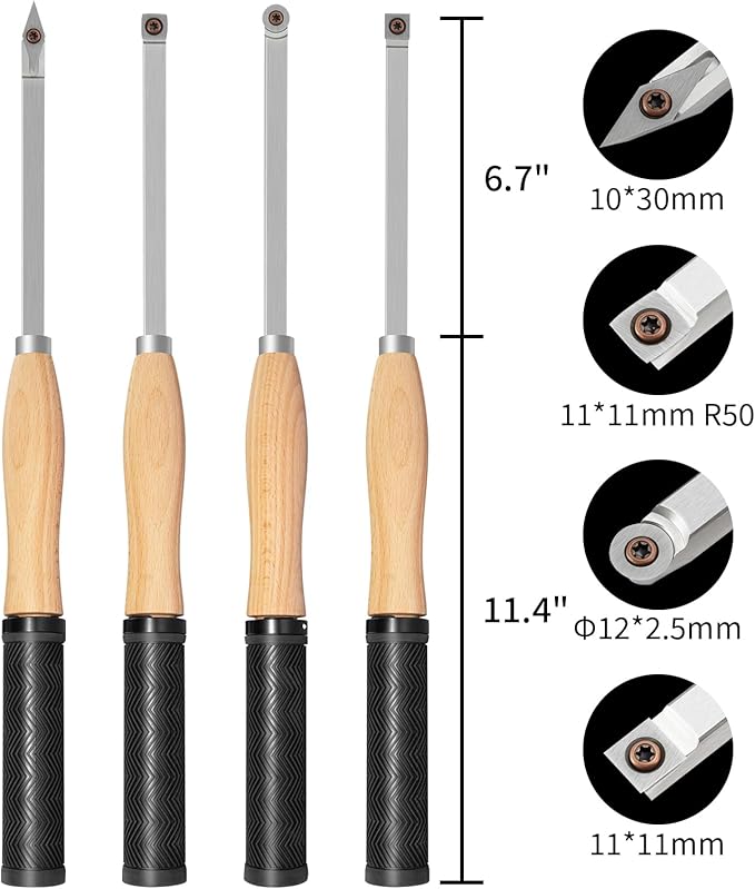 18.3" Full Size Carbide Tip Wood Lathe Turning Tool Kit, Lathe Roughing and Finishing Tool with Diamond Round Square Carbide Inserts for Woodturning 竊?pcs