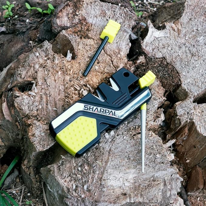 SHARPAL 101N-G Kitchen Pocket Knife Sharpener Survival Camping Tool with 2 Fire Starters Ferro Rod, Whistle & Diamond Sharpening Rod for Straight and Serrated Blade