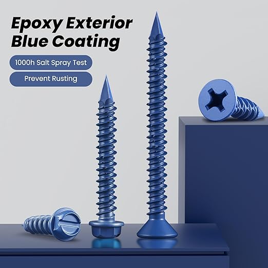 100Pcs 3/16 x 1-3/4 Inch Concrete Screws Anchor with Drill Bit, Blue Flat Head Masonry Brick Stucco Cement Block Screws, Diamond Point