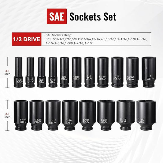 25-Piece 1/2" Drive Socket Set, SAE (3/8"- 1-1/2"), Deep Sockets, Extension Bars, 1/2" F to 3/8" M Reducer,3/8" F to 1/2" M Reducer, Universal Joint, 6 Point Design, Cr-V