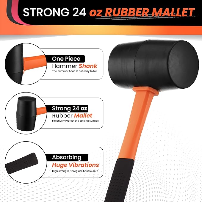 24oz Rubber Mallet Hammer | Non-Marring Soft Blow Mallet with Fiberglass Shock-Absorbing Handle for Woodworking, Flooring, Camping, and Assembly