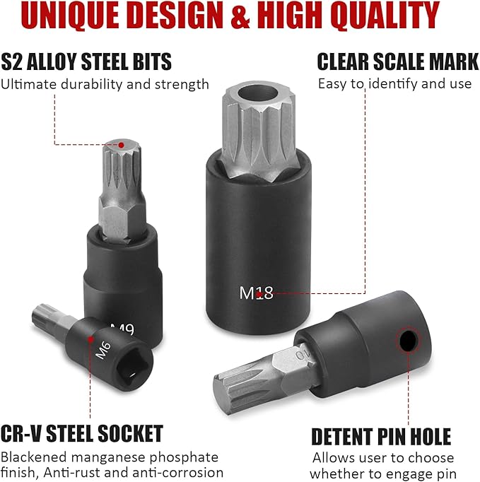 10-Piece XZN Triple Square Spline Bit Socket Set, 1/4?? 3/8??and 1/2??Drive M4 - M18 Triple Square Socket Set, S2 Steel Bits and CR-V Sockets With Storage Case