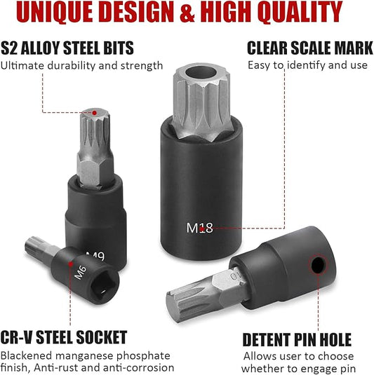 10-Piece XZN Triple Square Spline Bit Socket Set, 1/4?? 3/8??and 1/2??Drive M4 - M18 Triple Square Socket Set, S2 Steel Bits and CR-V Sockets With Storage Case