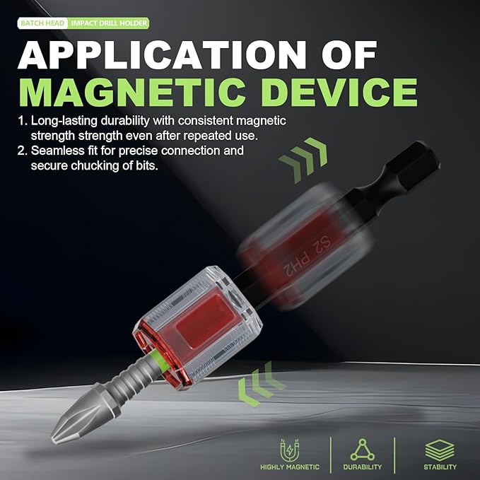 52PCS impact screwdriver bit set-resistant magnetic mixed, includes various sizes and lengths, along with a magnetizer, extension rod, and wrench, to meet your work needs.