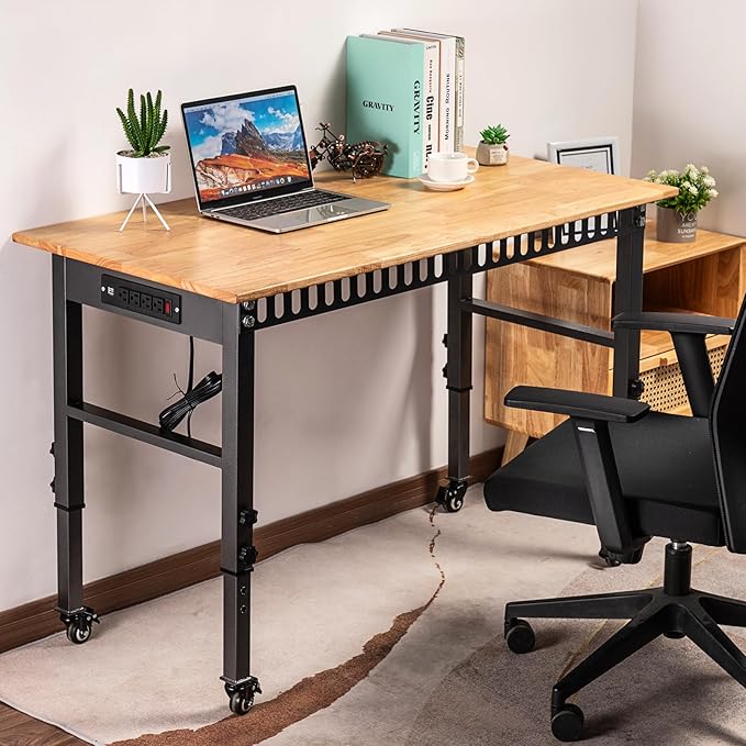 48 "Adjustable Workbench with Power Outlet, Heavy Duty 2000 LBS Load Capacity Hardwood Workbench Suitable for Workshop, Office, Garage, Home with Wheels