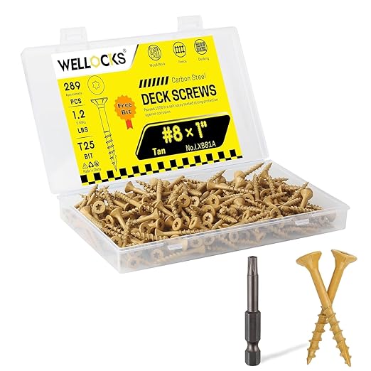 WELLOCKS Deck Screws, Wood Screws, Tan, Superior Rust Resistant, Epoxy Coated, Above 1000 Hour Salt Spray Coating T25 Torx Star Bit Included for Outdoor Wood Fence (1.2LBS Tan, #8횞1")