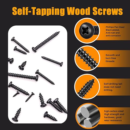 weideer 1095pcs Self Tapping Screws for Metal, #8#10 M2 M3 M4 410 Stainless Steel Screws Assortment Kit Black Oxide Truss Head and Phillips Pan Head Metal Screw
