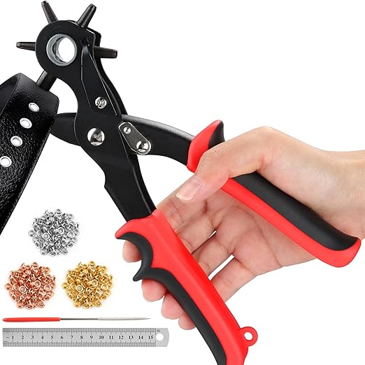 2 in 1 Leather Hole Punch, 3/16" 4.5mm Revolving Hole Puncher with Metal Eyelets for Leather, Belts, Watch Bands, Fabric, Plastic, DIY Handmade Production