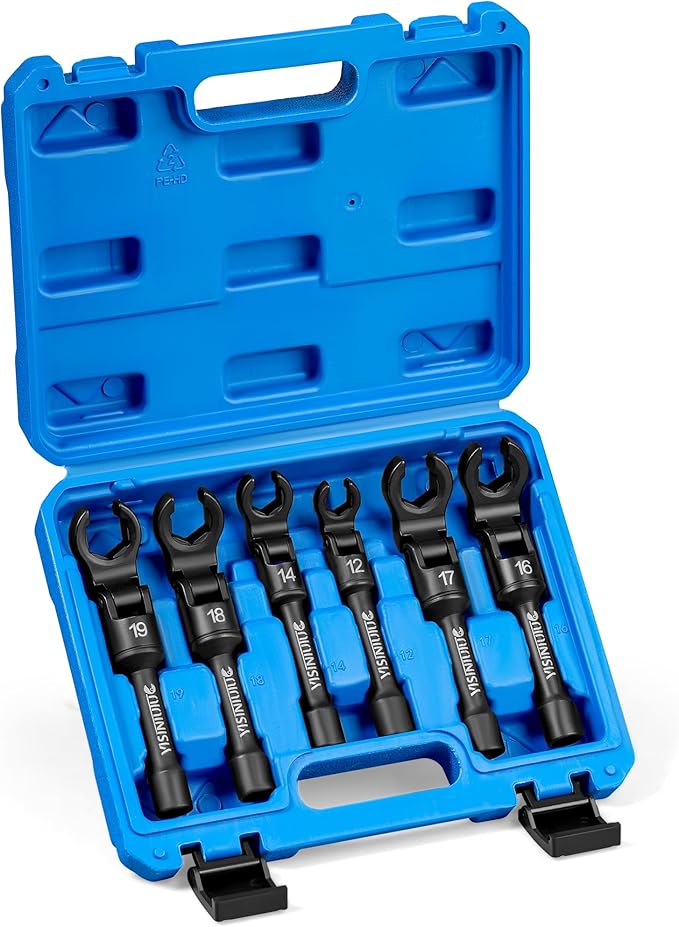 6 Pieces Flex-Head Crows Foot Line Wrench Set 3/8" Drive Injector Fuel Line Sockets Wrench Set Metric 12/14/16/17/18/19mm