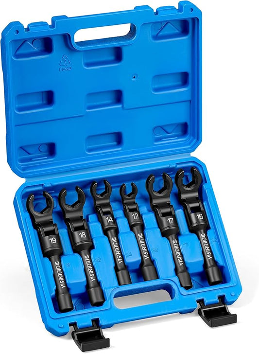 6 Pieces Flex-Head Crows Foot Line Wrench Set 3/8" Drive Injector Fuel Line Sockets Wrench Set Metric 12/14/16/17/18/19mm