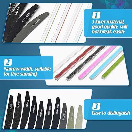 Honoson 70 Pcs Sanding Sticks Polishing Sticks Fine Sanding Twig Coded Abrasive Sand Twig for Plastic Model Assorted Metal and Wood Sand Tool Accessory for Craft(Low Grits Rating,Half Moon)