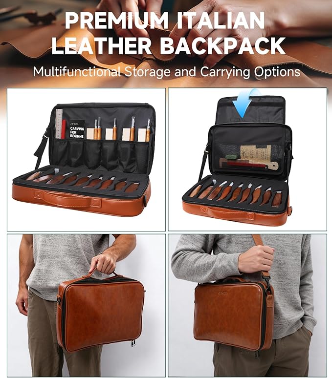 Wood Carving Kit, 30Pcs Wood Carving Tools Set with Leather Storage Bag, Deluxe Whittling Kit, 9 Wood Carving Knives 5 Chisels 4 Blocks Woodworking Tools for Beginners Enthusiasts Adults Gift