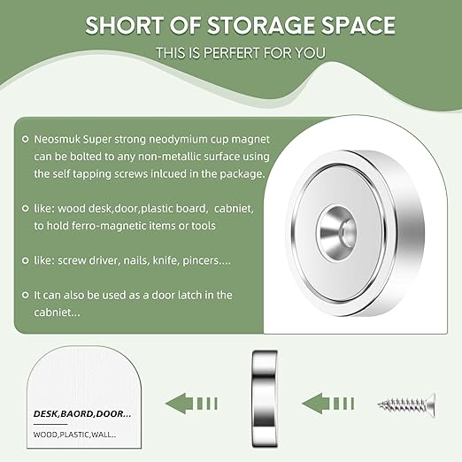 Neosmuk Magnets with Screws, 130lbs Strong Neodymium Disc Magnet with Holes in The Center,Cup Magnet with Mounting Hole Heavy Duty, Round Rare Earth Magnetic High Strength in Middle,6 Pack