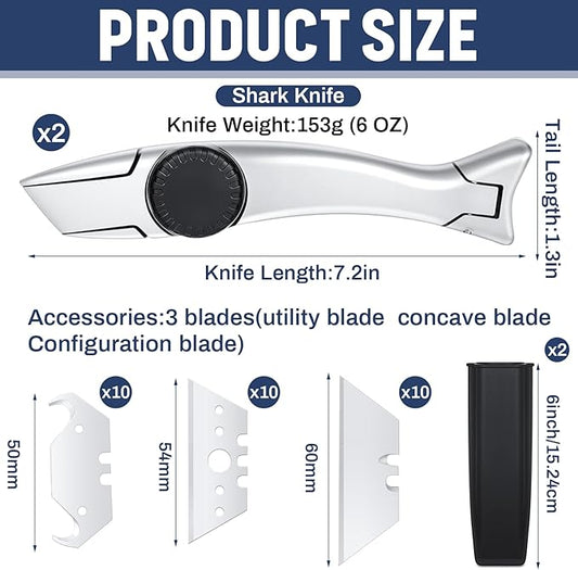 WILLBOND 2 Sets Silver Fixed Roofing Knife with 30 Blades Heavy Duty Shark Utility Knives for Drywall, Vinyl, Metal Carpet Cutting Tools with Storage Sheath, Replacement Blades, Roofing Knife Navajas