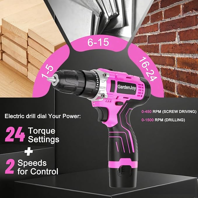 GardenJoy Cordless Power Drill Set: 12V Electric Drill with Battery and Charger, 65pcs Acessories, 3/8"Keyless Chuck, 2 Variable Speed, 24+1 Position, Compact Drill Driver Kit for Home & DIY Project
