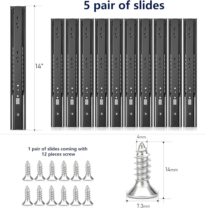 Ravinte 14 Inch Soft Close Drawer Slides 5 Pairs 10 Pack Black Full Extension Ball Bearing Drawer Glide Side Mount